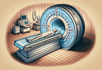 Eine schematische Darstellung der Magnetresonanztomographie (MRT) mit einem MRT-GerÃ¤t und einem Patienten.