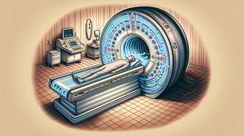 Eine schematische Darstellung der Magnetresonanztomographie (MRT) mit einem MRT-GerÃ¤t und einem Patienten.