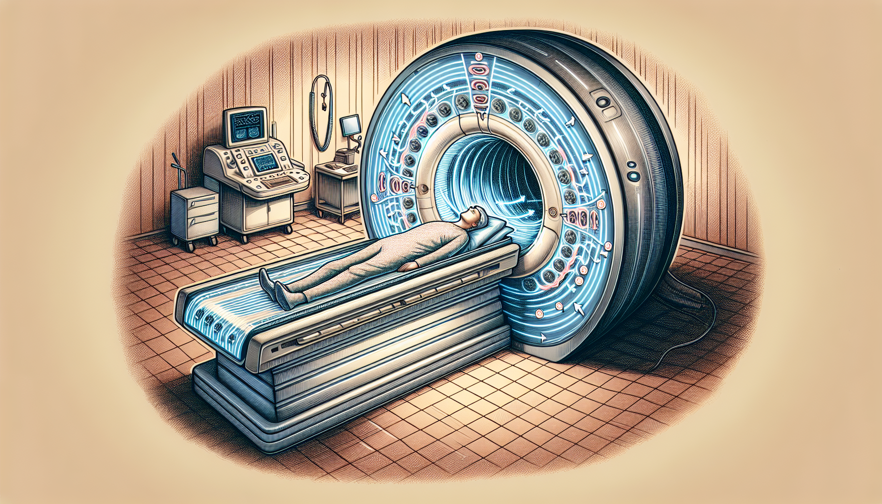 Eine schematische Darstellung der Magnetresonanztomographie (MRT) mit einem MRT-Gerät und einem Patienten.